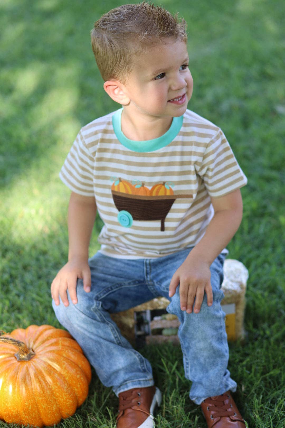 Pumpkin Harvest Boys Tan Stripe Knit Shirt