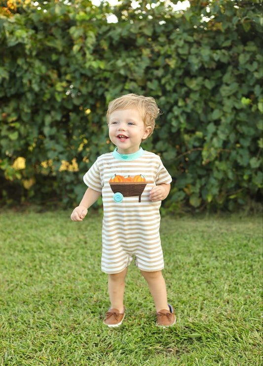 Pumpkin Harvest Boys' Tan Stripe Knit Romper with Pumpkin Wheelbarrow Applique