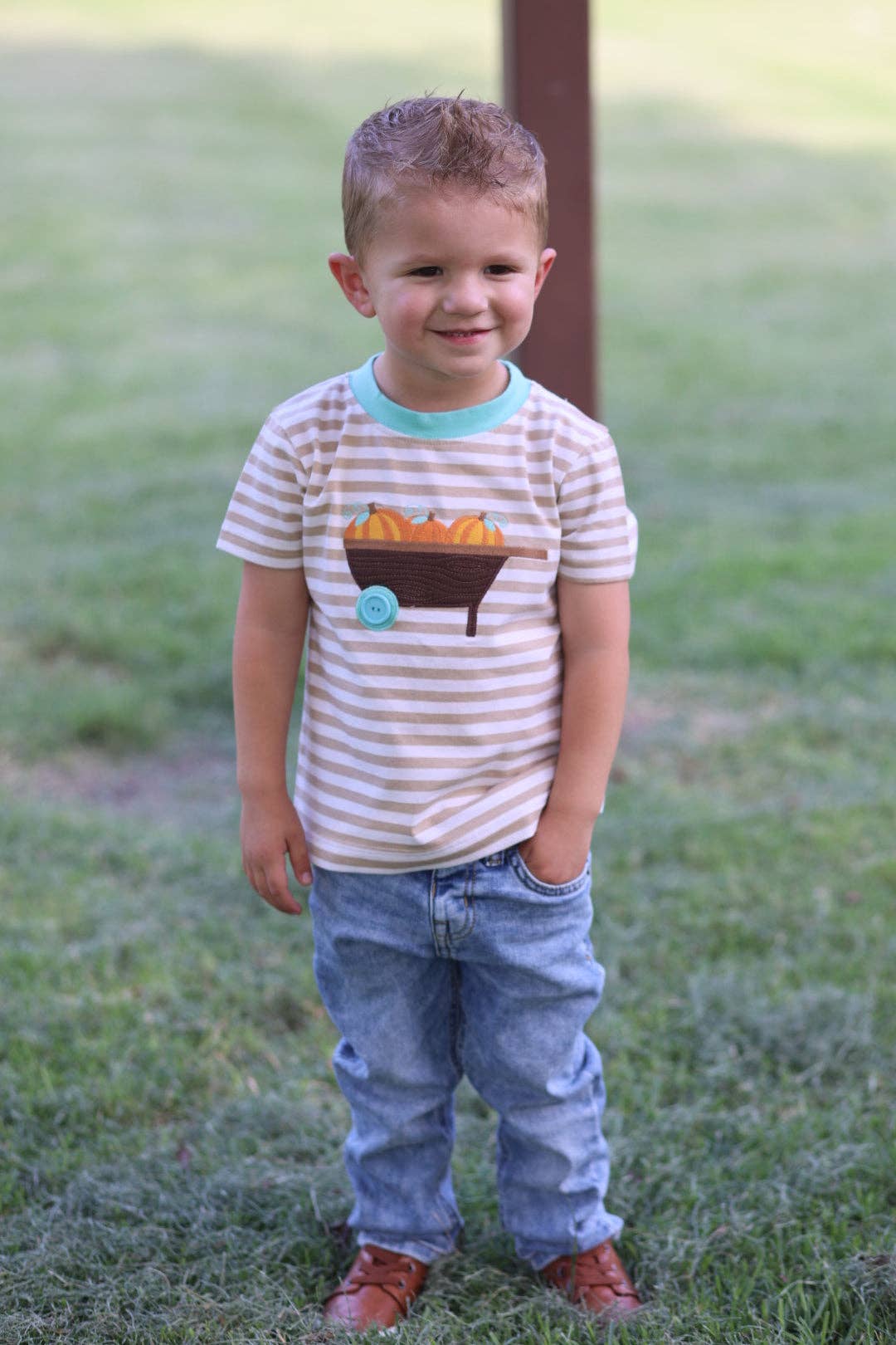 Pumpkin Harvest Boys Tan Stripe Knit Shirt